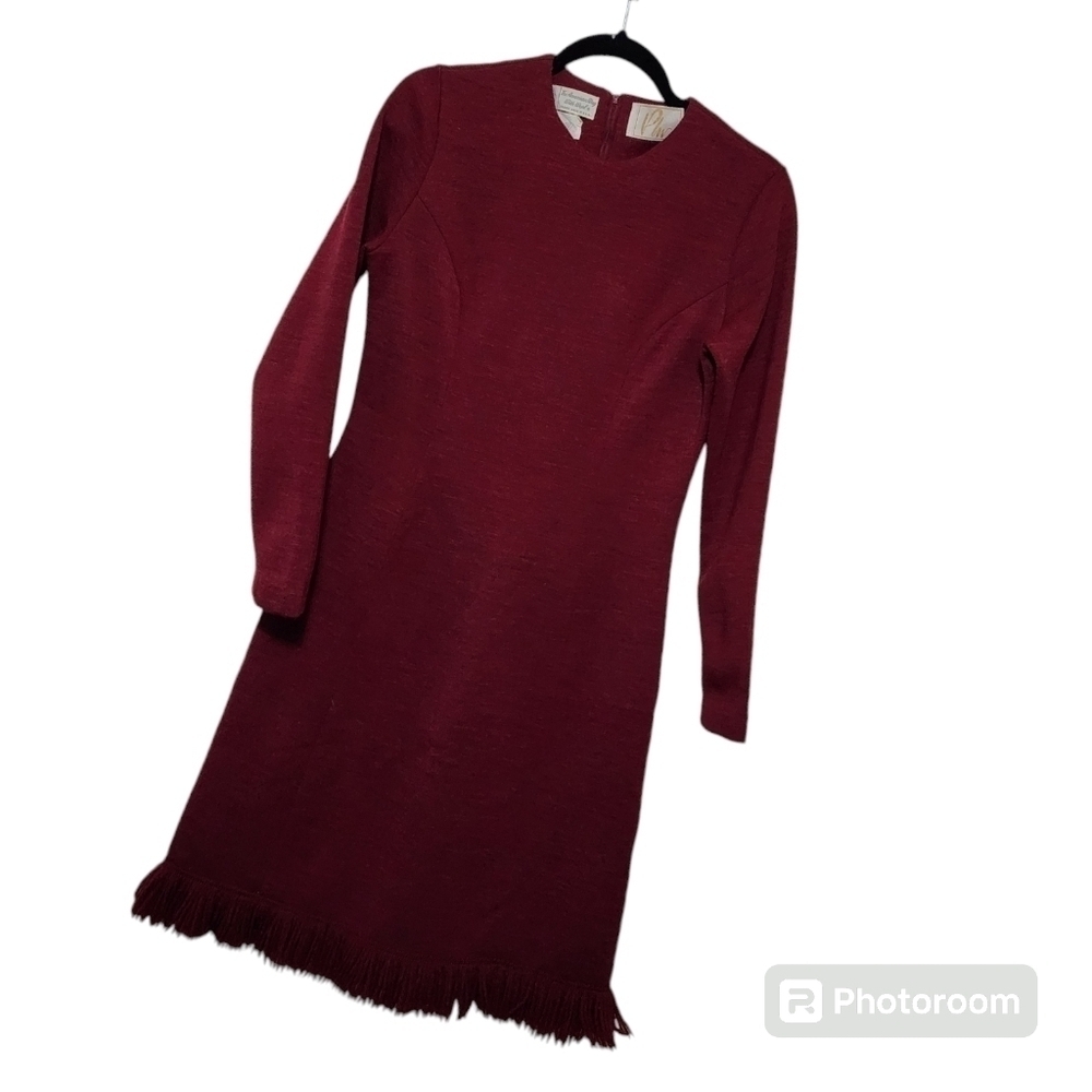 Vintage Wool Dress Red Burgundy Fringe Long Sleeve Knee Length Modest Mod S. MED